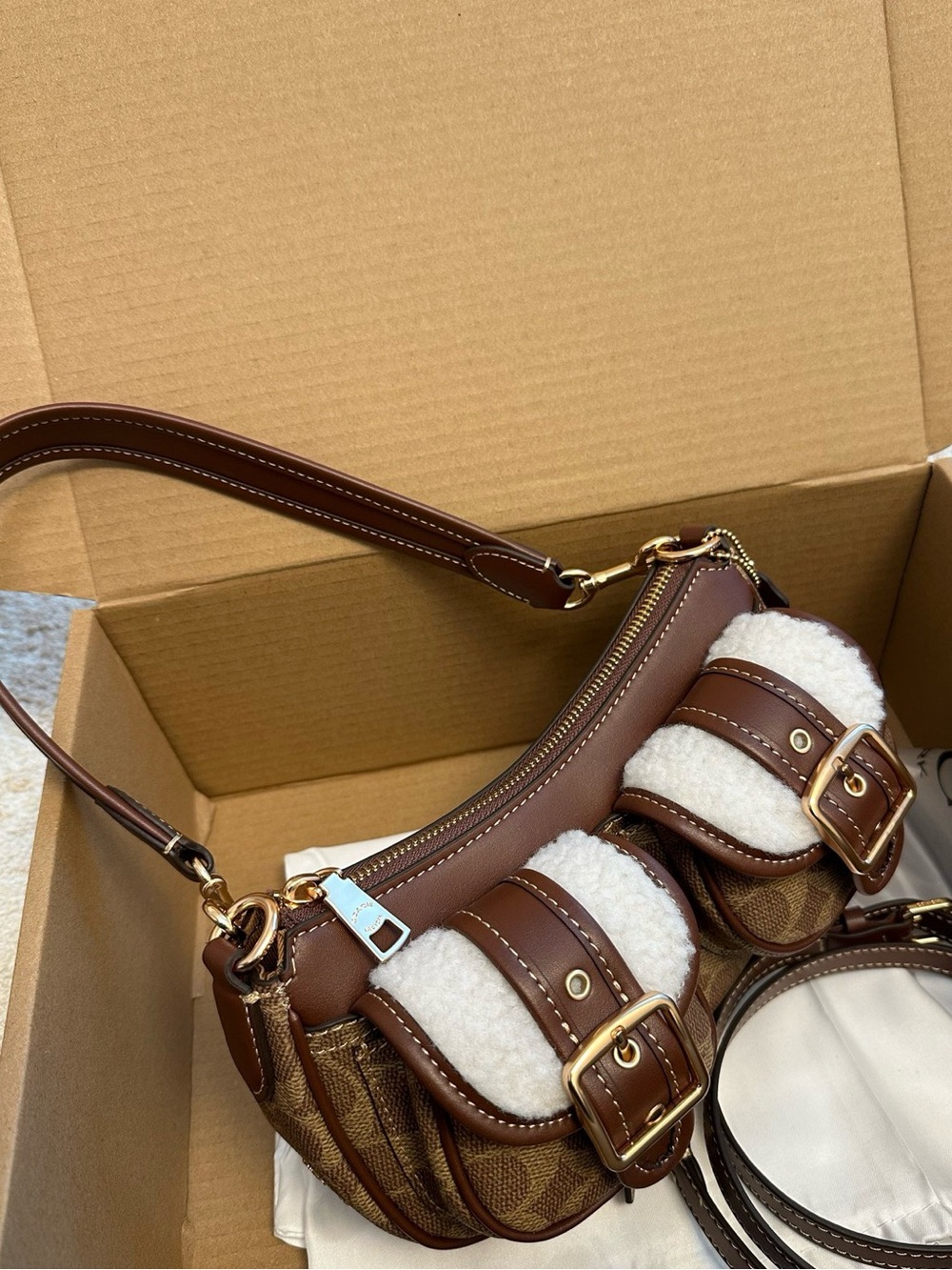 Coach Brown & Ivory Shearling-Trim Shoulder Bag - Picture 2 of 5